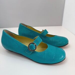 You by Crocs Leather Mary Jane Flats Teal Blue Buckle Italian Retro Comfort 7